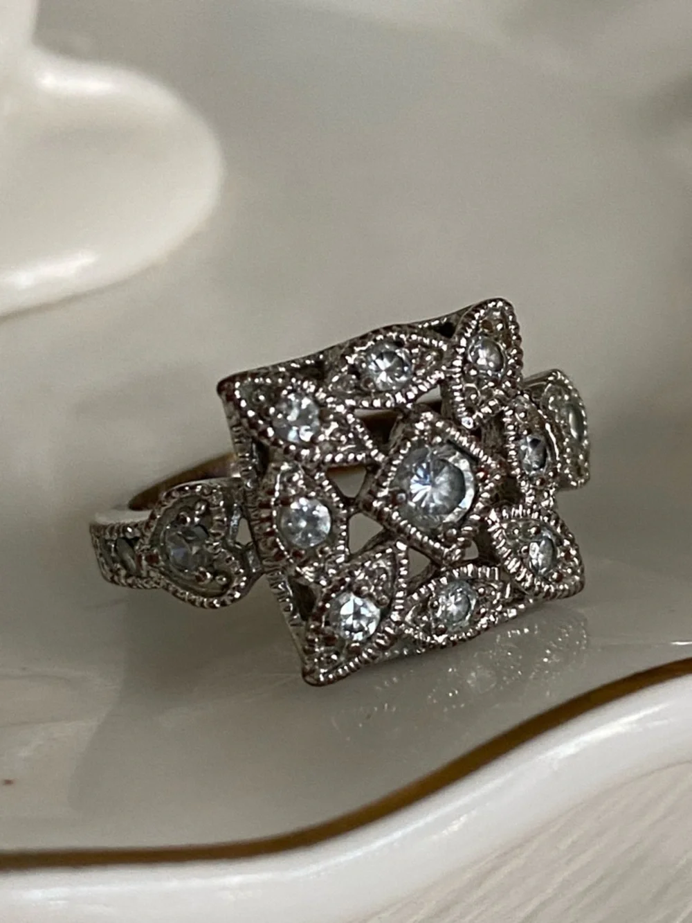 Cocktail Square Vintage Style Ring Floral Crystals Silver Tone Filigree Sz 7